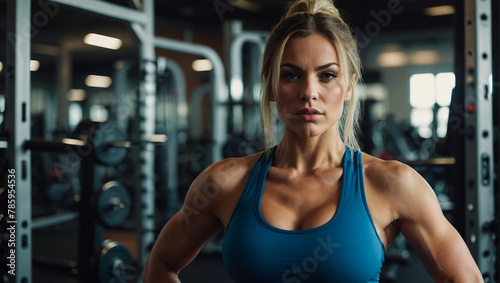 Beautiful healthy and fit young woman wearing gym clothes with a gym scene in the background