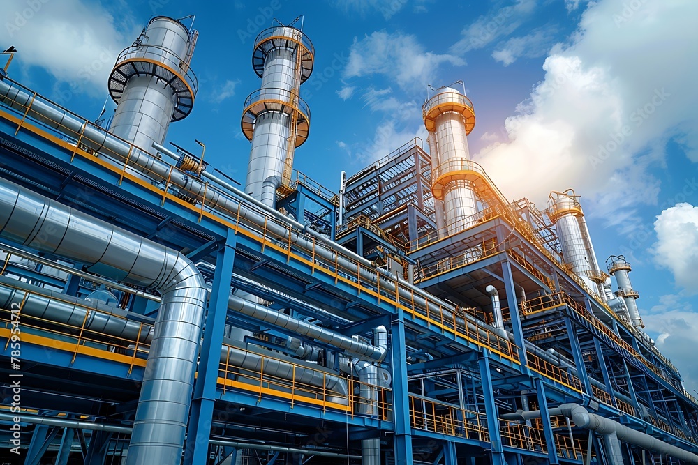 an industrial complex with a vast network of pipes and steel structures under a bright blue sky