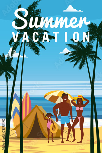 Poster Happy Family vacation on the resort tropical beach © hadeev