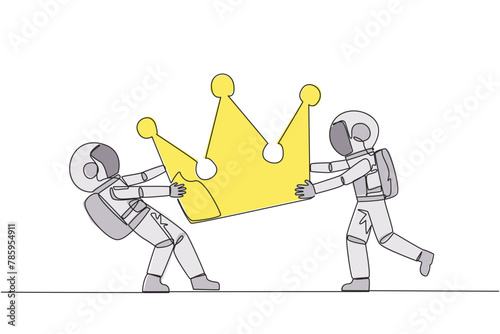 Continuous one line drawing two emotional astronaut fighting over the crown. Fighting for become the most successful and respected astronaut. Conflict. Single line draw design vector illustration