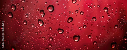 red surface with water droplets, reflecting light, banner, copy space for text.