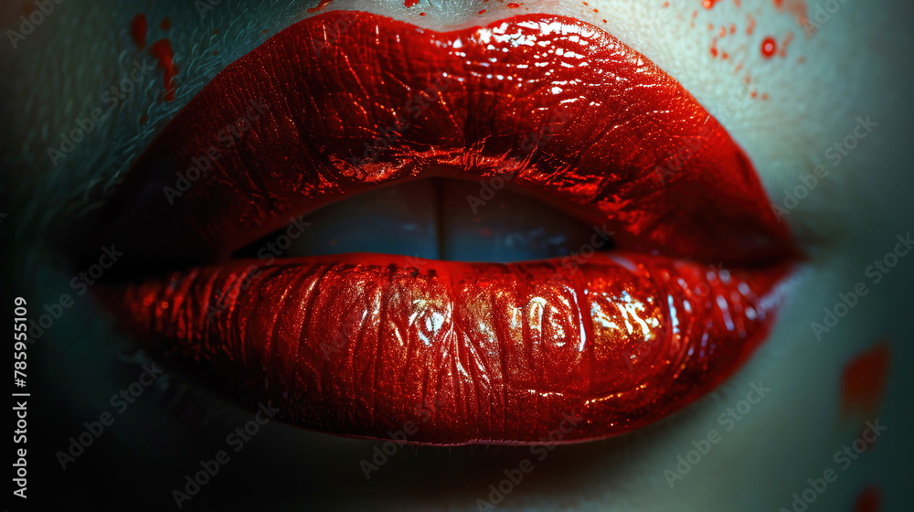 Close-Up of Red Color Lipstick On Beautiful Women Red Wet Lips Background Blur Close-Up of Red Color Lipstick On Beautiful Women Red Wet Lips Background Blur