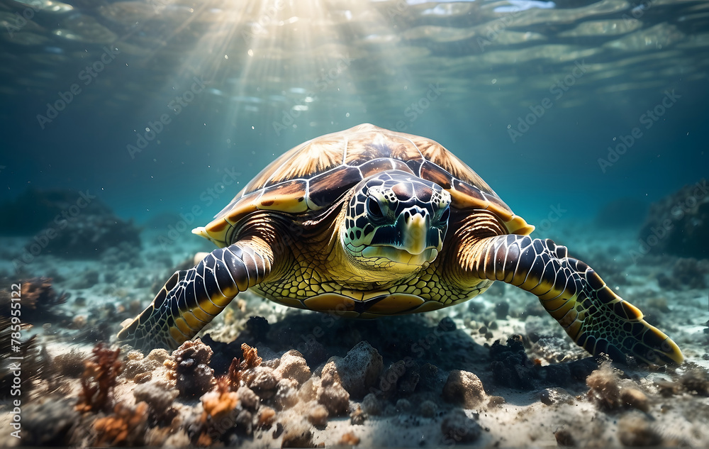 Fototapeta premium A turtle swimming in the ocean on a sunny day