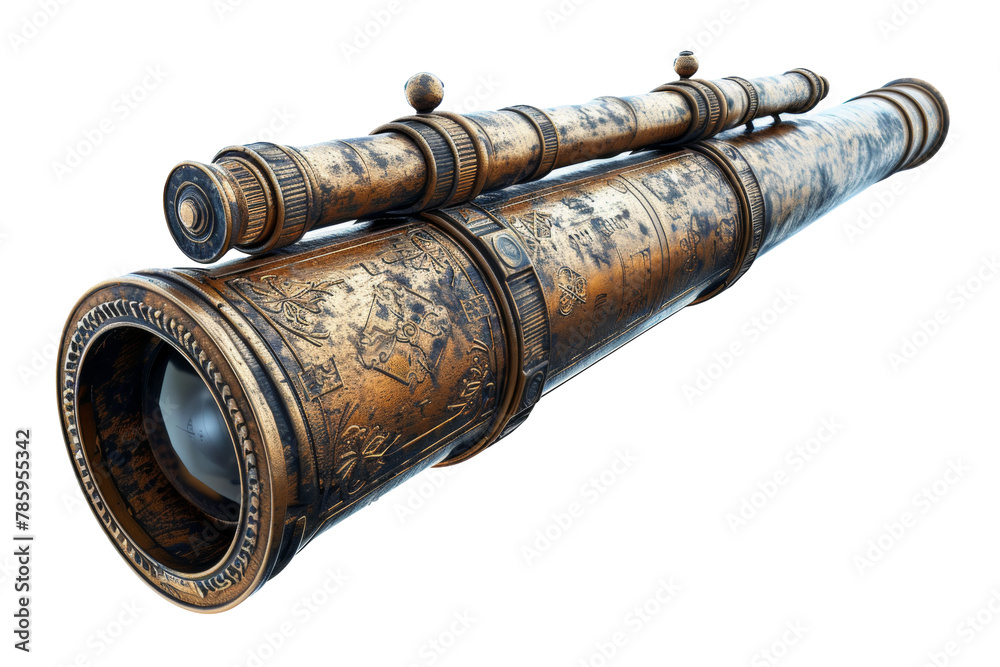 Ornamental antique telescope with detailed engravings isolated on transparent background
