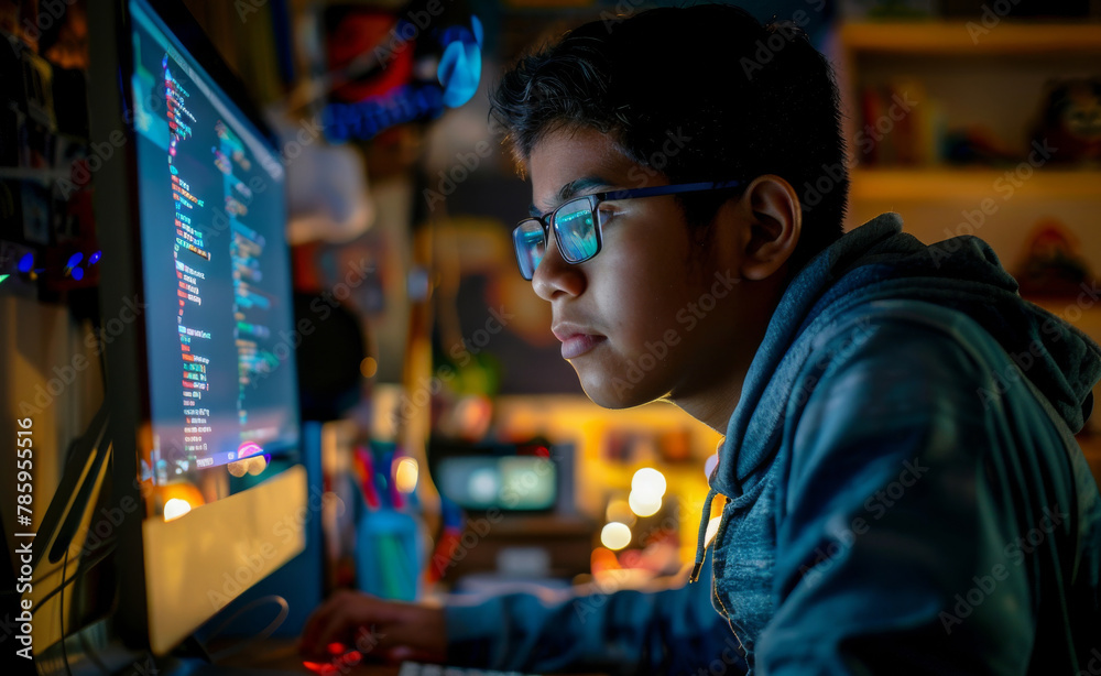 Teenager coding on a computer, with snippets of code visible on the screen, representing the importance of digital literacy and programming skills.