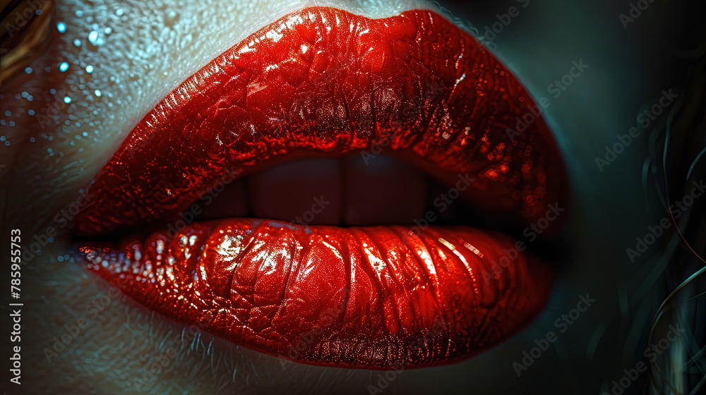 Close-Up of Red Color Lipstick On Beautiful Women Red Wet Lips Background Blur Close-Up of Red Color Lipstick On Beautiful Women Red Wet Lips Background Blur