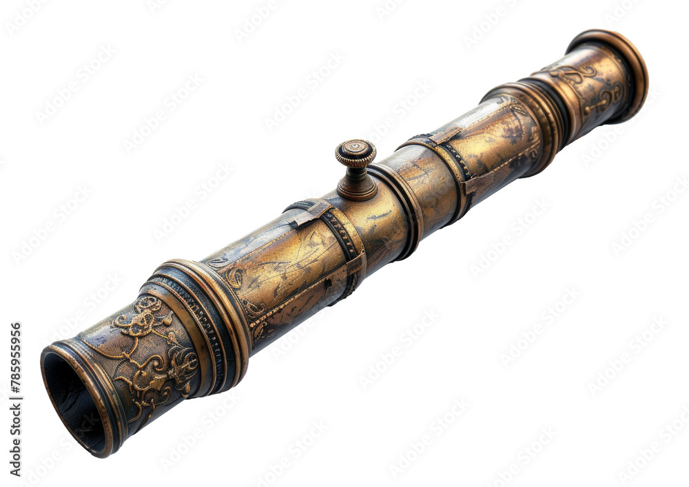 Fototapeta premium Vintage engraved brass telescope isolated on transparent background