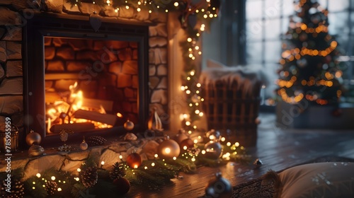 A cozy fireplace adorned with twinkling lights  casting a warm glow upon a room filled with holiday cheer. 8k  realistic  full ultra HD  high resolution  and cinematic