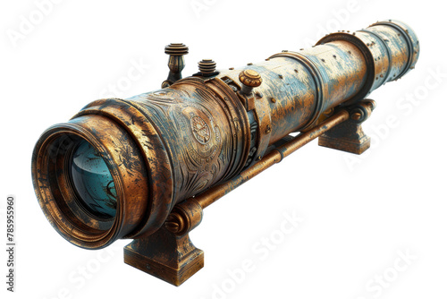 Vintage engraved brass telescope isolated on transparent background