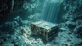 Treasures in a chest at the bottom of the ocean,  water sea background