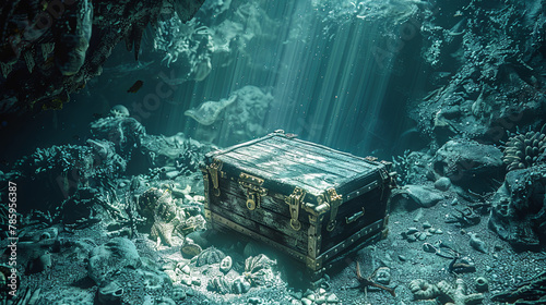 Treasures in a chest at the bottom of the ocean,  water sea background