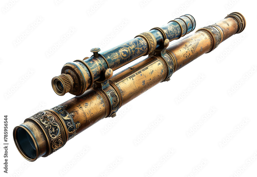 Fototapeta premium Vintage engraved brass telescope isolated on transparent background