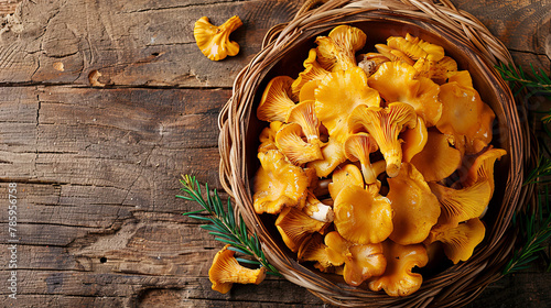 Forest mushrooms chanterelles isolated on the brown wooden background