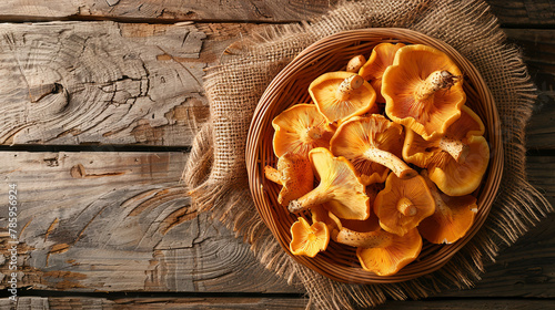 Forest mushrooms chanterelles isolated on the wooden background