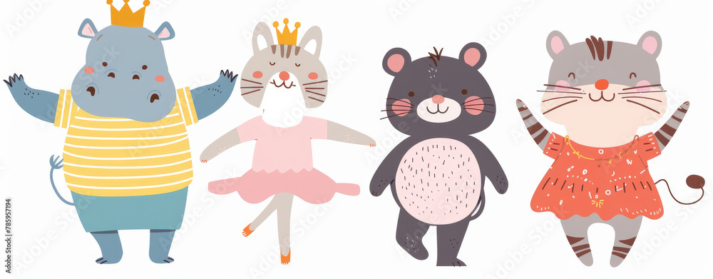 Cute animal characters in different poses and expressions, wearing like a cat with a pink dress or a hippopotamus with a yellow striped shirt and blue shorts