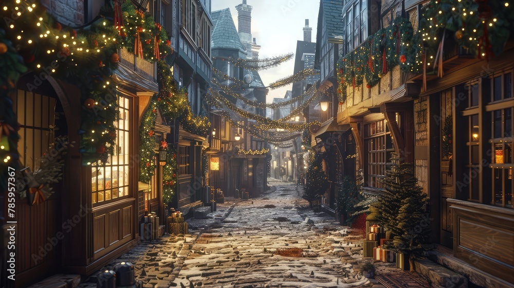 A charming cobblestone street lined with quaint shops decorated with garlands and bows, a festive scene straight out of a holiday tale. 8k, realistic, full ultra HD, high resolution, and cinematic