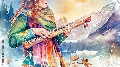 young Woman Playing Pan Flute in Snowy Mountain Landscape Generative AI photo