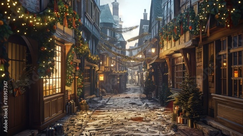 A charming cobblestone street lined with quaint shops decorated with garlands and bows  a festive scene straight out of a holiday tale. 8k  realistic  full ultra HD  high resolution  and cinematic