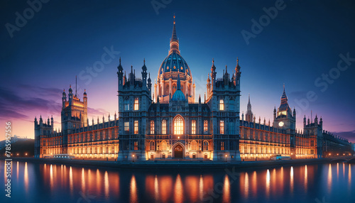 A grand, ornate parliamentary building at twilight. The architecture should be Gothic Revival with a dominant central dome