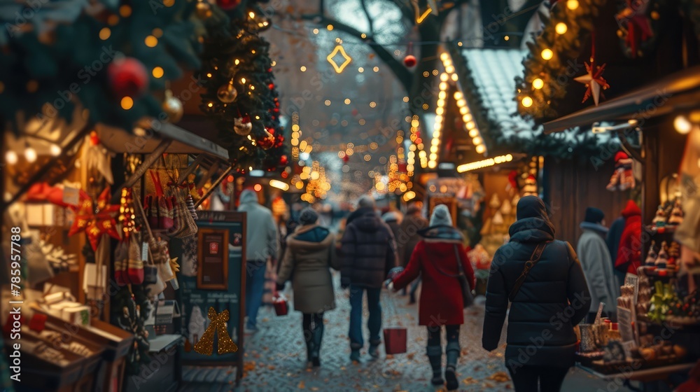A charming holiday market bustling with shoppers, browsing stalls filled with handcrafted gifts and seasonal treats. 8k, realistic, full ultra HD, high resolution, and cinematic