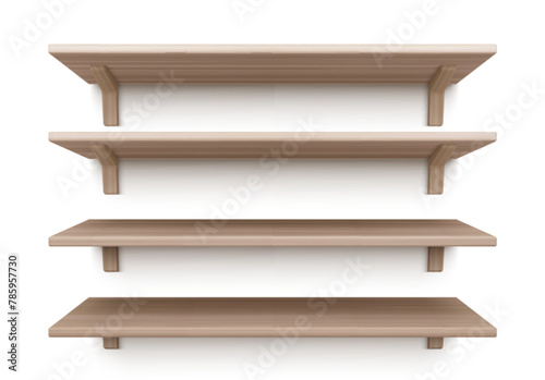 3D wooden shelves set isolated on white background. Vector realistic illustration of blank decorative wall shelf, home, office, shop furniture with empty surface, interior design elements, oak texture