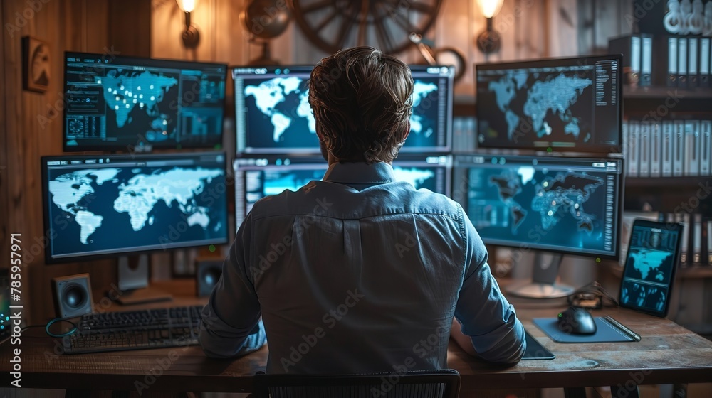 an analyst focused on multiple monitors displaying advanced data and world maps an analyst focused on multiple monitors displaying advanced data and world maps