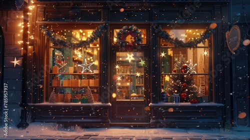 A charming storefront window decorated with festive displays, drawing passersby into the holiday spirit with its twinkling lights and cheerful scenes.  photo