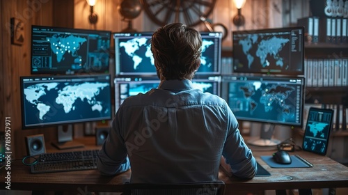 an analyst focused on multiple monitors displaying advanced data and world maps