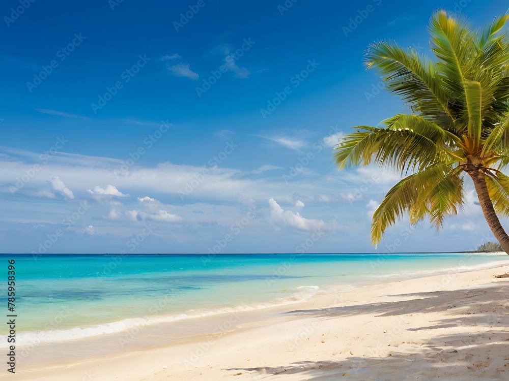 A tranquil beach scene with gentle waves lapping on the shore and palm trees in the breeze.