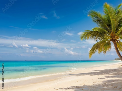 A tranquil beach scene with gentle waves lapping on the shore and palm trees in the breeze. © Gilang