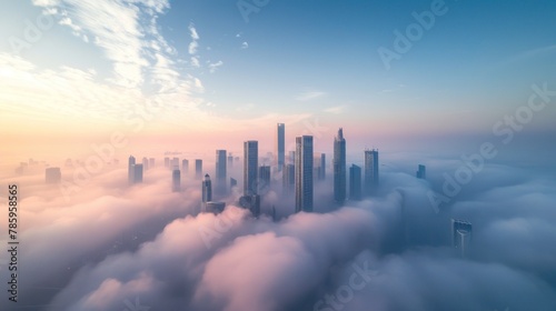 A panoramic view of skyscrapers rising above the clouds on a foggy morning. #785958565
