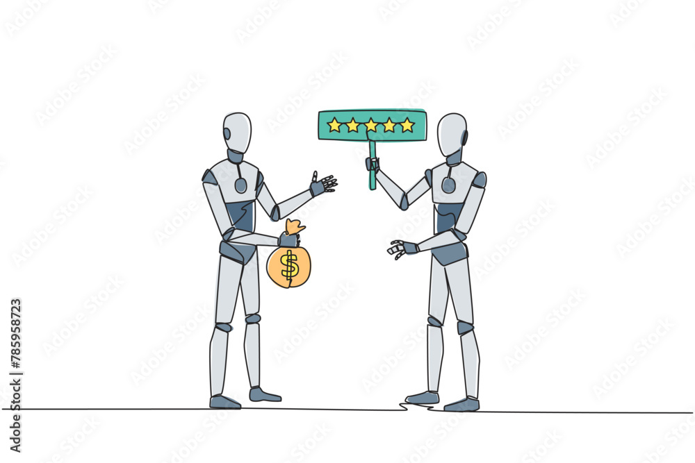 Single one line drawing two robotics standing opposite each other. The one carry money bag, the other carry rating board with 5 stars. Buy and selling reviews. AI. Continuous line graphic illustration Single one line drawing two robotics standing opposite each other. The one carry money bag, the other carry rating board with 5 stars. Buy and selling reviews. AI. Continuous line graphic illustration