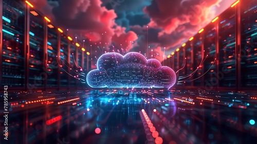 Futuristic cloud computing concept with 3D rendered clouds connected by digital network