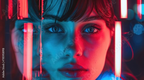 a collage of a young woman's close-up portraits with surreal neon lighting. The scene should have a central image in sharp focus, flanked by mirrored reflections in red and blue hues photo