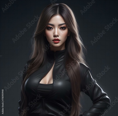 Fashion portrait of young beautiful asian woman in black leather jacket