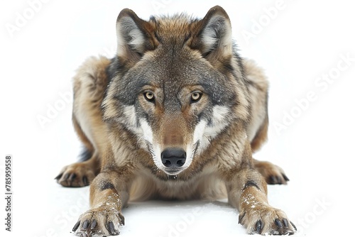 Gray wolf on white background in front of white backgroun photo