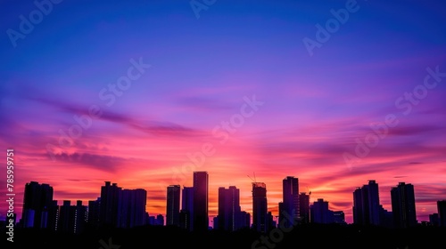 The silhouette of skyscrapers against a colorful sunset sky.