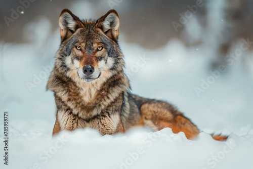 Portrait of a wolf in the winter forest   Animal in nature