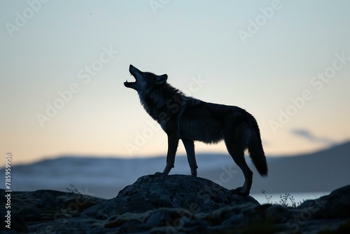 Black wolf standing on a rock and looking at the camera at sunset