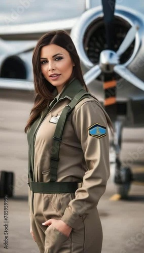 a young woman in a pilots uniform standing in front of a plane airpor photo