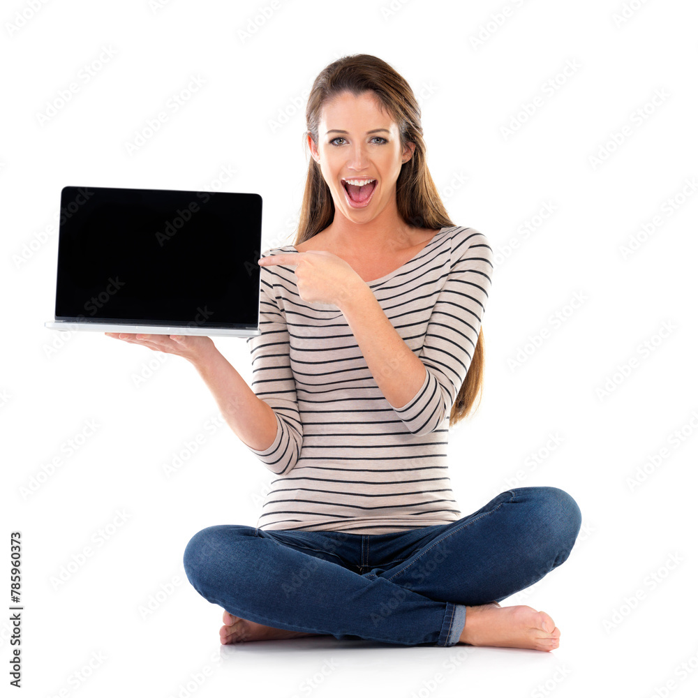 Laptop screen, portrait and woman with hand pointing to mockup in studio for wow news presentation on white background. Computer, space and shocked model with streaming deal, service or sign up offer Laptop screen, portrait and woman with hand pointing to mockup in studio for wow news presentation on white background. Computer, space and shocked model with streaming deal, service or sign up offer