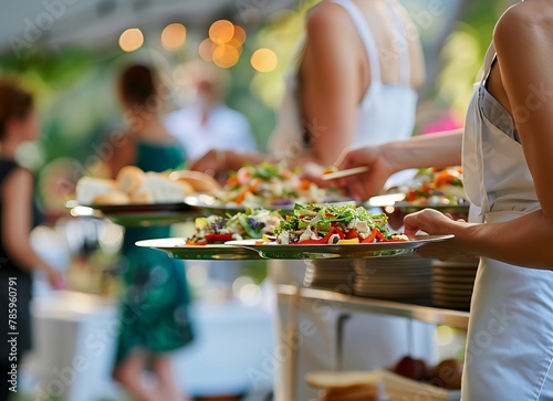 photograph of A waitress carrying plates with food at an event or wedding party