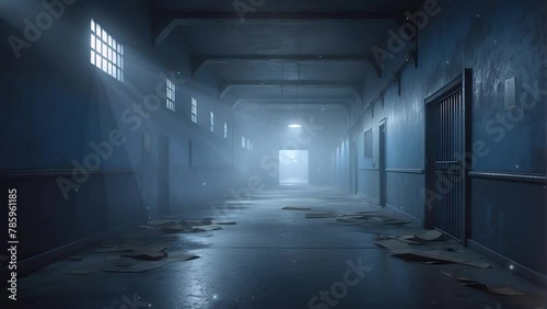 Experience the spine-chilling sensation of wandering through a deserted prison cell corridor room at night, as this unnerving 4K looping video plunges you into a world of fear and uncertainty photo