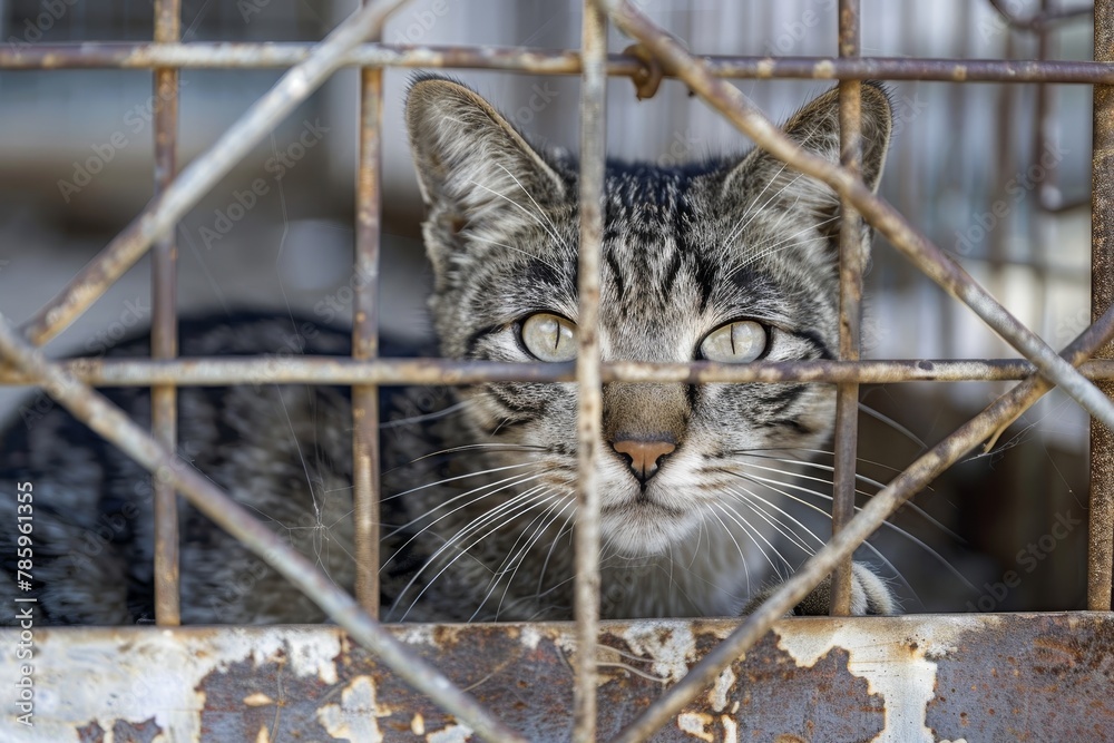 Obraz premium Lonely stray cat in shelter cage abandoned, hungry, and hopeful behind rusty bars