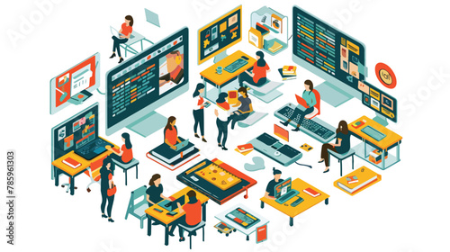 Online language courses isometric vector illustration