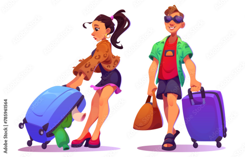 Travel people. Tourist man and woman with suitcase on vacation. Young and happy character with bag in tour icon set. Smart guy walk and attractive female passenger with full baggage of clothes - obrazy, fototapety, plakaty 