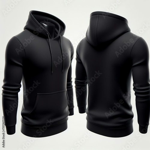 Men's black blank hoodie template,from two sides, natural shape on invisible mannequin, for your design mockup for print,clipping path , cutout