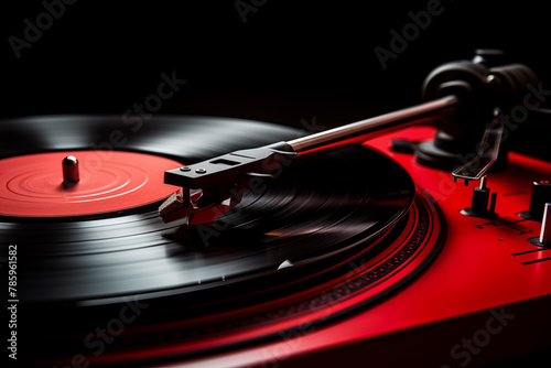 A close-up of a vintage vinyl record spinning on a sleek turntable, with a red label in the spotlight, evoking nostalgia and the classic era of music. photo