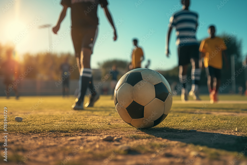 A close-up of a soccer ball on a dusty field with players in action during a sunset match, capturing the spirit of the game and community sport.