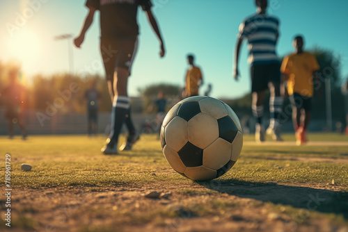 A close-up of a soccer ball on a dusty field with players in action during a sunset match, capturing the spirit of the game and community sport.